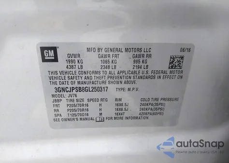 2016 Chevrolet Trax Lt из США, поврежденный, VIN 3GNCJPSB8GL250317